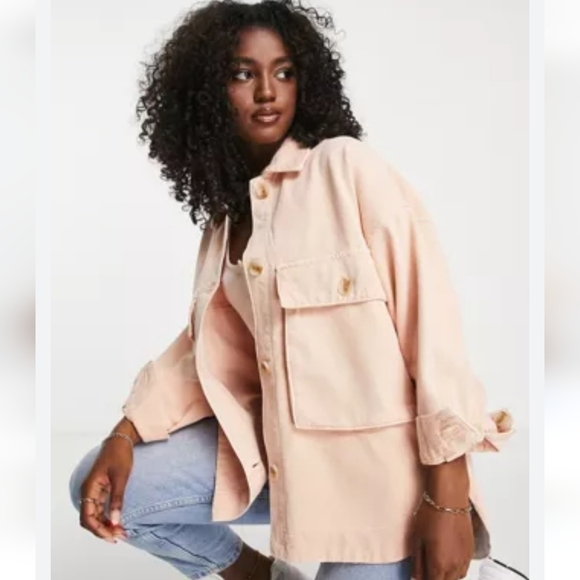 Stradivarius Twill Cargo Oversized Jacket in Washed Pink - Picture 1 of 6